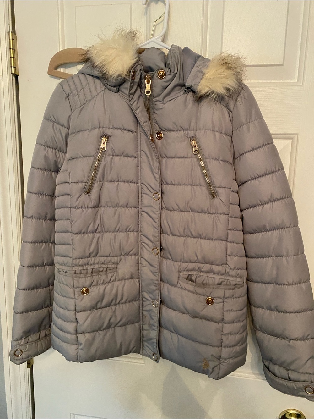 U.S. Polo Assn. Light Gray Quilted Puffer Jacket with Faux Fur Trim